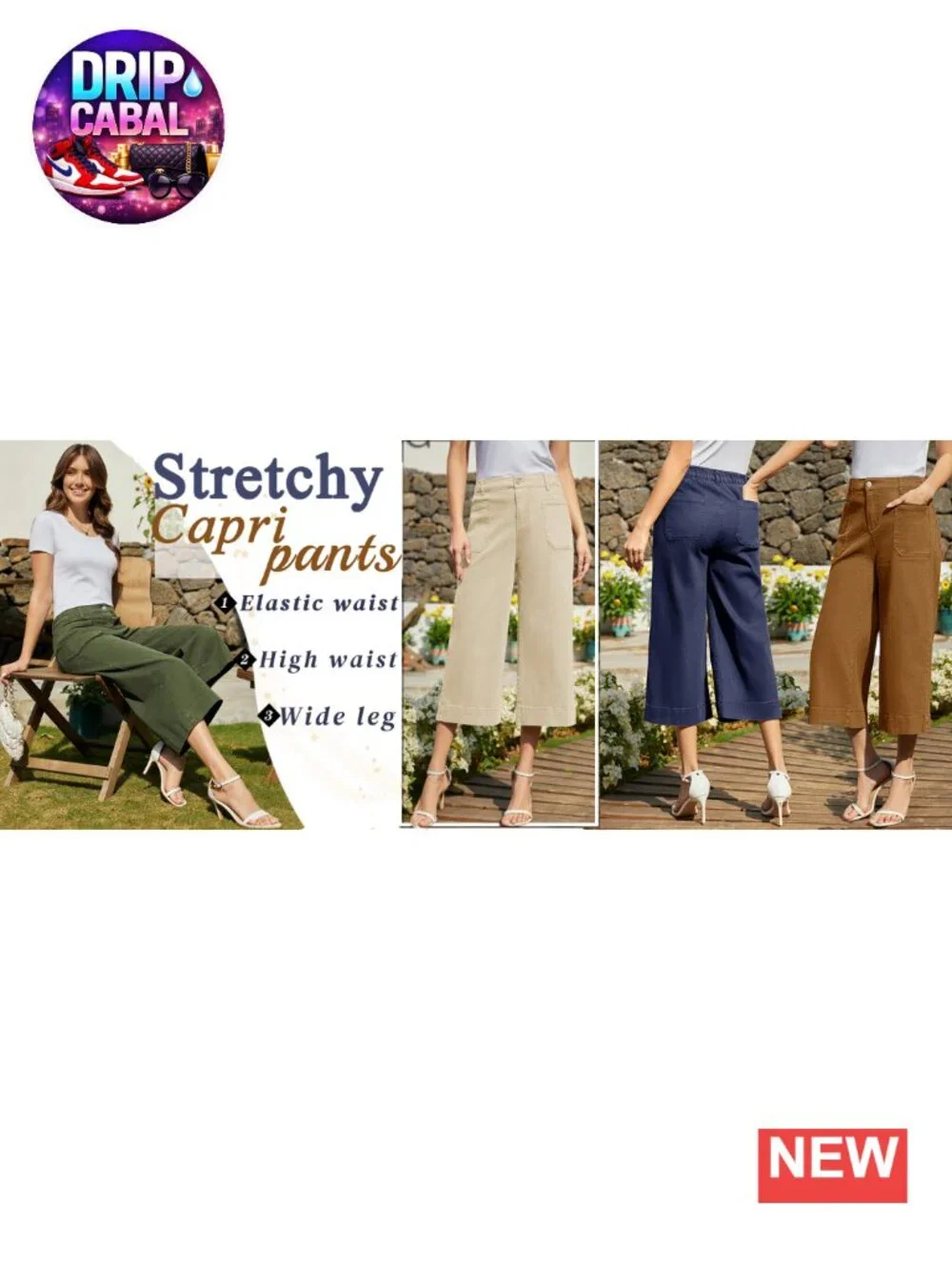 Wide Leg Capri Pants for Women High Waisted Stretchy Chino Capris Cropped